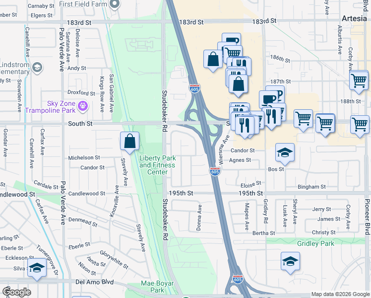 map of restaurants, bars, coffee shops, grocery stores, and more near 11044 Bigelow Circle in Cerritos