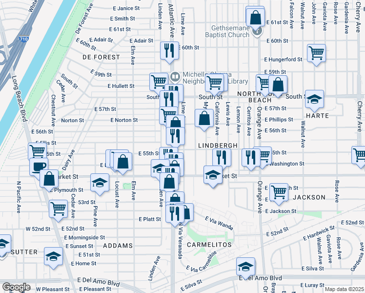 map of restaurants, bars, coffee shops, grocery stores, and more near 725 East 55th Street in Long Beach