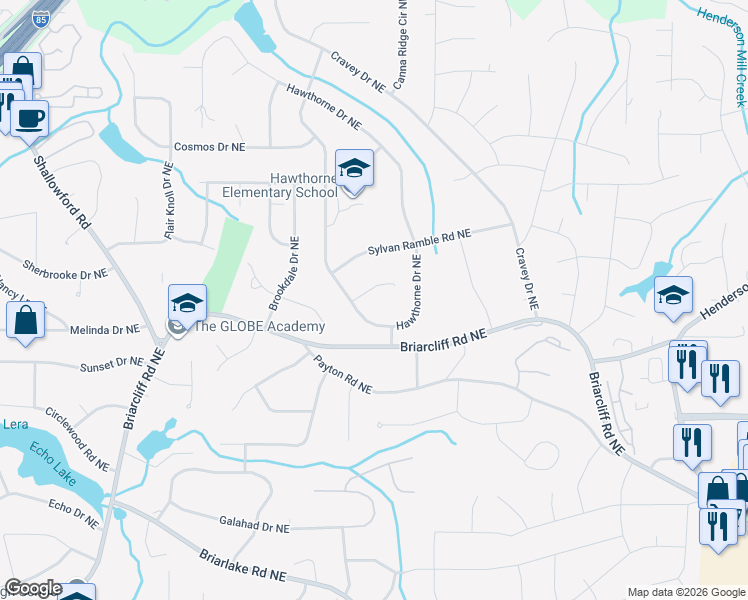 map of restaurants, bars, coffee shops, grocery stores, and more near 2857 Talisman Court Northeast in Atlanta