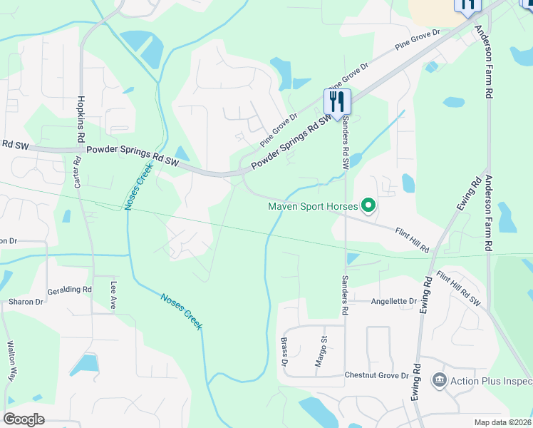 map of restaurants, bars, coffee shops, grocery stores, and more near 3948 Flint Hill Road in Powder Springs