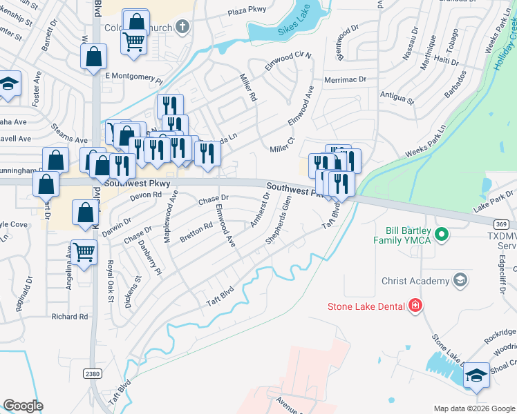 map of restaurants, bars, coffee shops, grocery stores, and more near 2506 Amherst Drive in Wichita Falls
