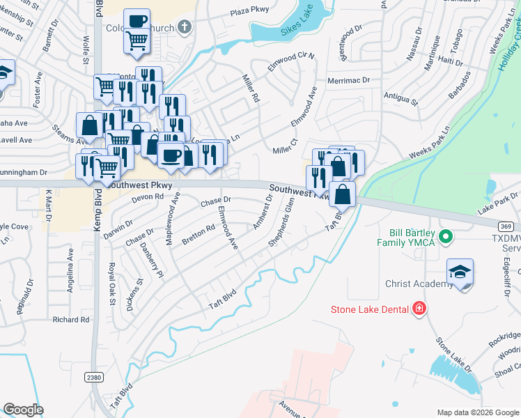 map of restaurants, bars, coffee shops, grocery stores, and more near 2506 Amherst Drive in Wichita Falls