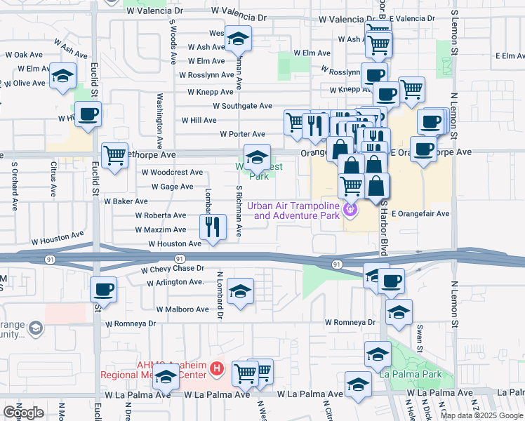 map of restaurants, bars, coffee shops, grocery stores, and more near 443 West Roberta Avenue in Fullerton