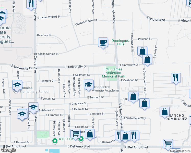 map of restaurants, bars, coffee shops, grocery stores, and more near 19206 Andmark Avenue in Carson