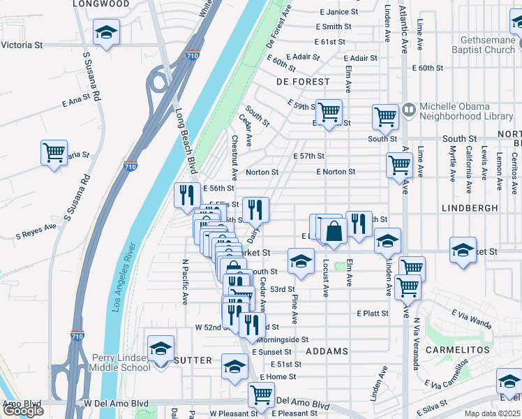 map of restaurants, bars, coffee shops, grocery stores, and more near 5529 Dairy Avenue in Long Beach