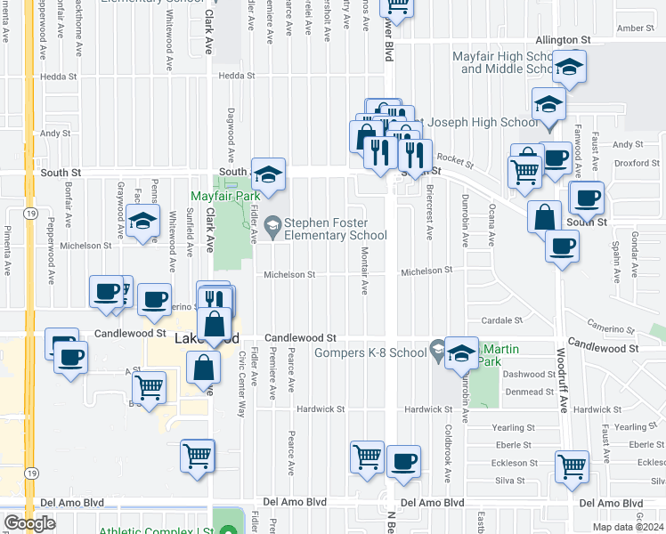 map of restaurants, bars, coffee shops, grocery stores, and more near 5508 Hersholt Avenue in Lakewood