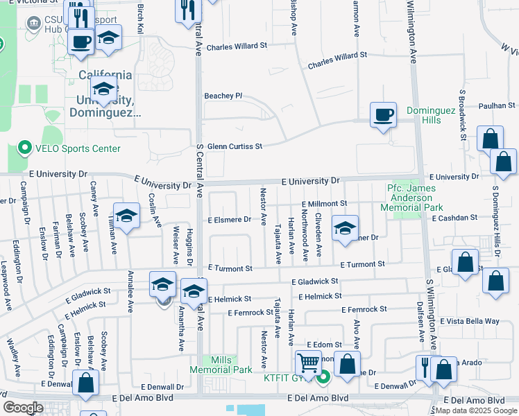 map of restaurants, bars, coffee shops, grocery stores, and more near 19203 Nestor Avenue in Carson