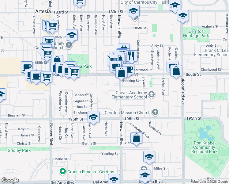 map of restaurants, bars, coffee shops, grocery stores, and more near 19109 Fagan Court in Cerritos