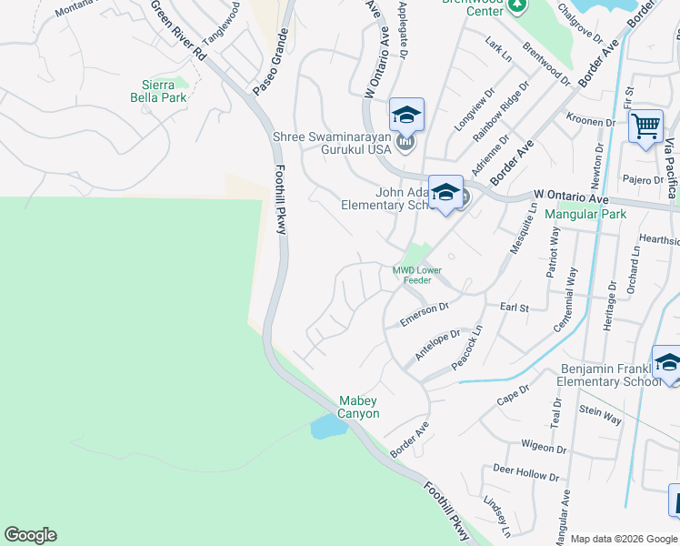 map of restaurants, bars, coffee shops, grocery stores, and more near 2580 Avenida Del Vista in Corona