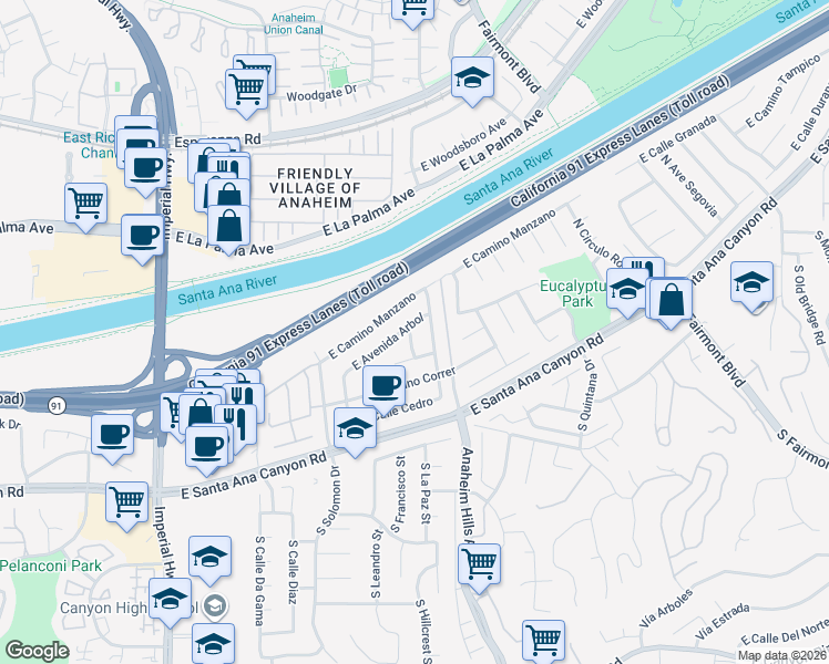 map of restaurants, bars, coffee shops, grocery stores, and more near 185 North Avenida Palmera in Anaheim