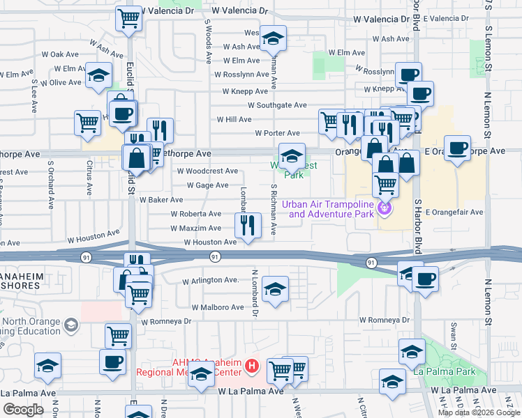 map of restaurants, bars, coffee shops, grocery stores, and more near 1436 Lombard Drive in Fullerton