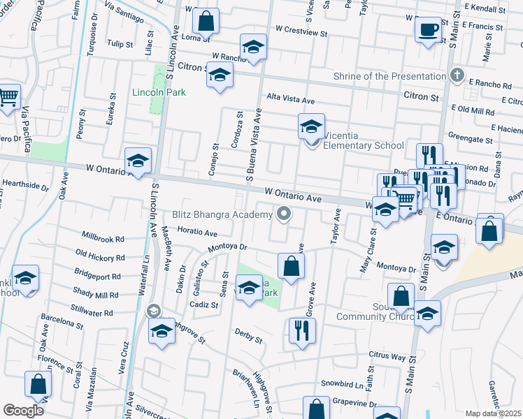 map of restaurants, bars, coffee shops, grocery stores, and more near 2259 Toulouse Street in Corona