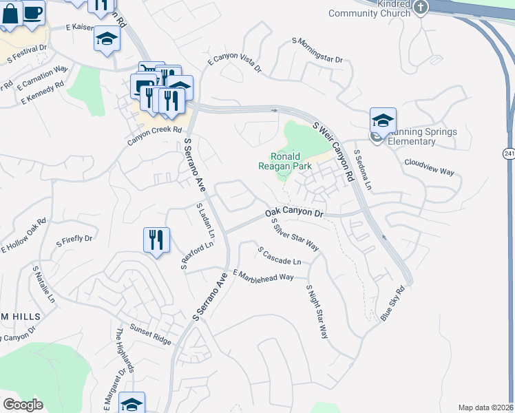 map of restaurants, bars, coffee shops, grocery stores, and more near 8236 East White Fir Lane in Anaheim