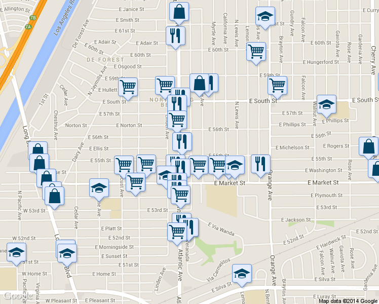 map of restaurants, bars, coffee shops, grocery stores, and more near 725 East 55th Street in Long Beach