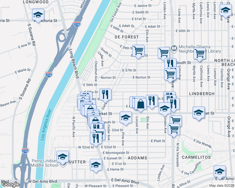 map of restaurants, bars, coffee shops, grocery stores, and more near 178 East Ellis Street in Long Beach