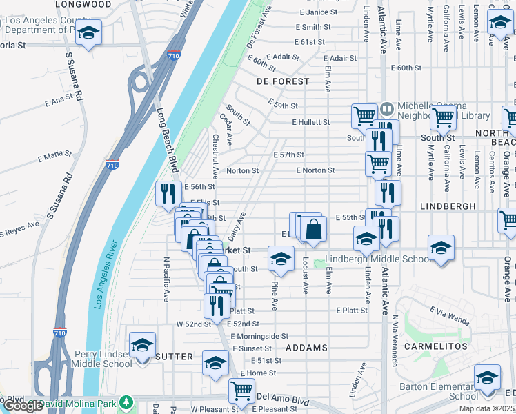 map of restaurants, bars, coffee shops, grocery stores, and more near 178 East Ellis Street in Long Beach