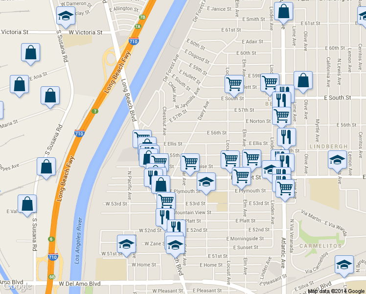map of restaurants, bars, coffee shops, grocery stores, and more near 5529 Dairy Avenue in Long Beach
