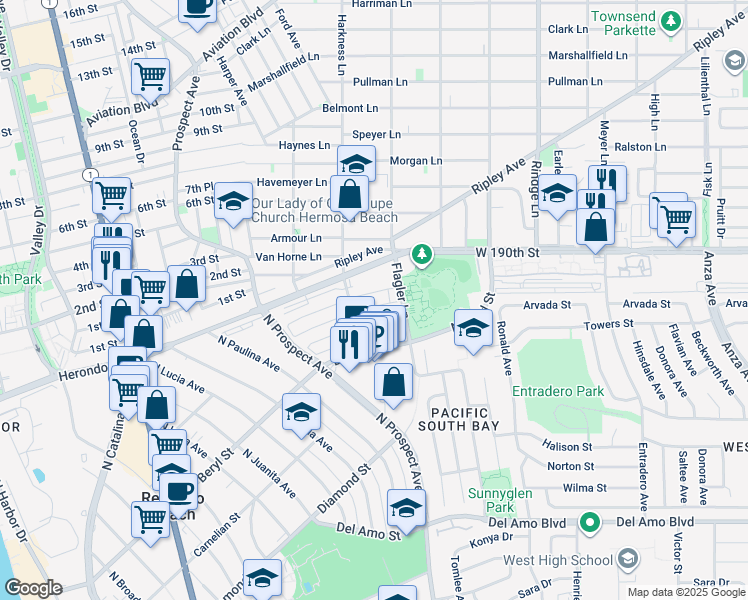 map of restaurants, bars, coffee shops, grocery stores, and more near 1310 Agate Street in Redondo Beach
