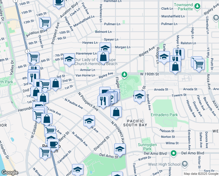map of restaurants, bars, coffee shops, grocery stores, and more near 1310 Agate Street in Redondo Beach