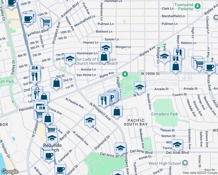map of restaurants, bars, coffee shops, grocery stores, and more near 1310 Agate Street in Redondo Beach