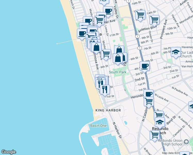 map of restaurants, bars, coffee shops, grocery stores, and more near 420 The Strand in Hermosa Beach
