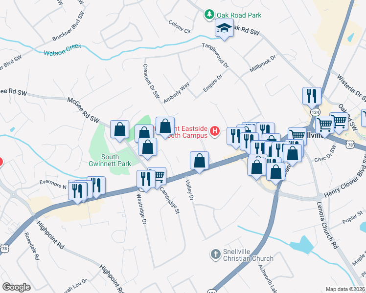 map of restaurants, bars, coffee shops, grocery stores, and more near 2200 Fountain Square in Snellville