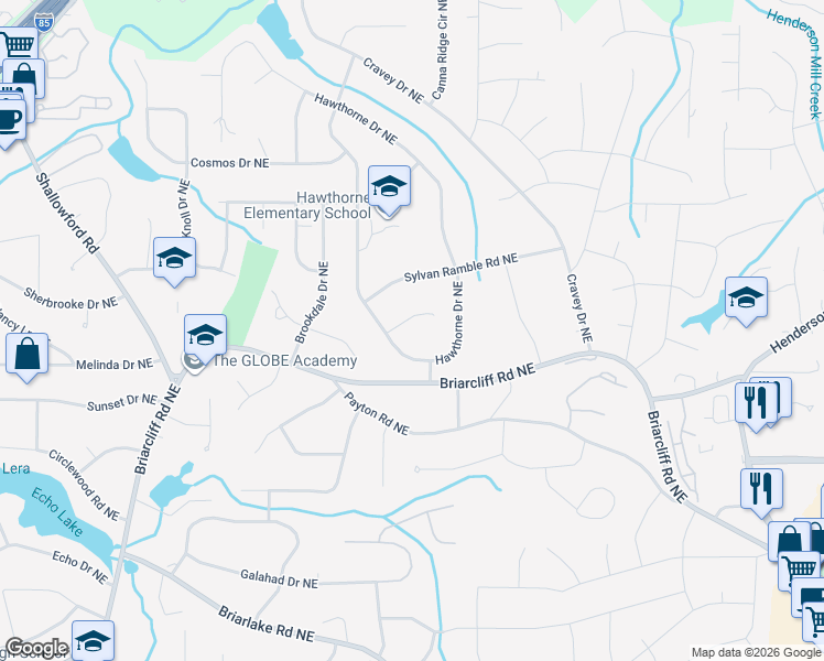 map of restaurants, bars, coffee shops, grocery stores, and more near 2857 Talisman Court Northeast in Atlanta