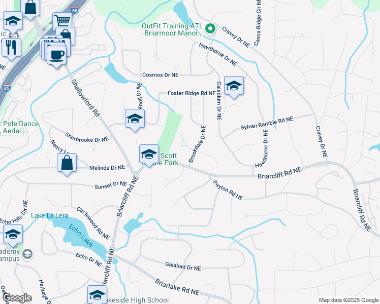 map of restaurants, bars, coffee shops, grocery stores, and more near 2418 Brookdale Drive Northeast in Atlanta