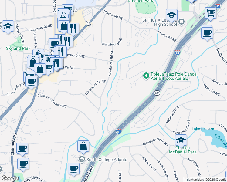 map of restaurants, bars, coffee shops, grocery stores, and more near 2426 Rhineland Court Northeast in Atlanta