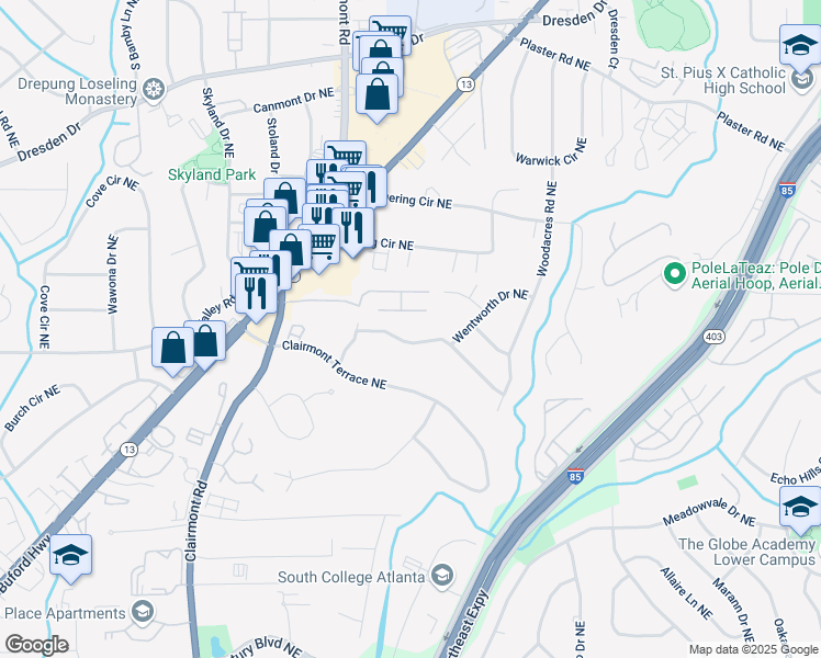 map of restaurants, bars, coffee shops, grocery stores, and more near 1998 Jordan Terrace Northeast in Atlanta
