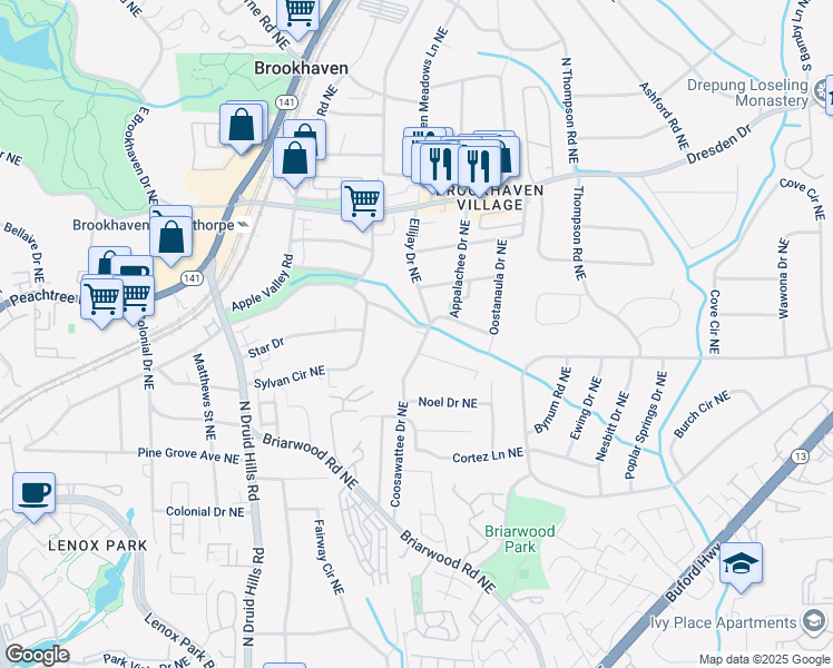 map of restaurants, bars, coffee shops, grocery stores, and more near 1367 Cartecay Drive Northeast in Atlanta