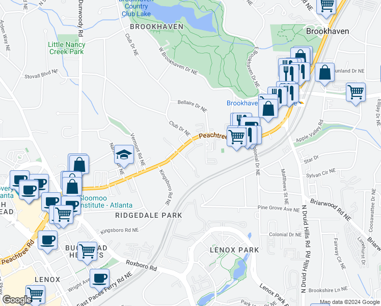 map of restaurants, bars, coffee shops, grocery stores, and more near 3777 Peachtree Road Northeast in Atlanta