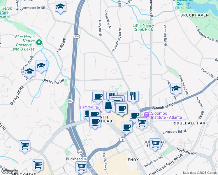 map of restaurants, bars, coffee shops, grocery stores, and more near 696 Longleaf Drive Northeast in Atlanta