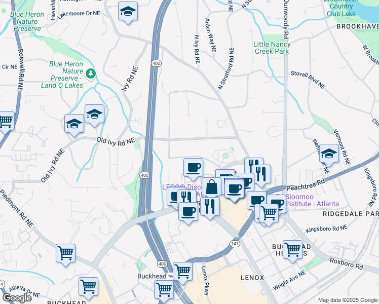 map of restaurants, bars, coffee shops, grocery stores, and more near 654 Longleaf Drive Northeast in Atlanta