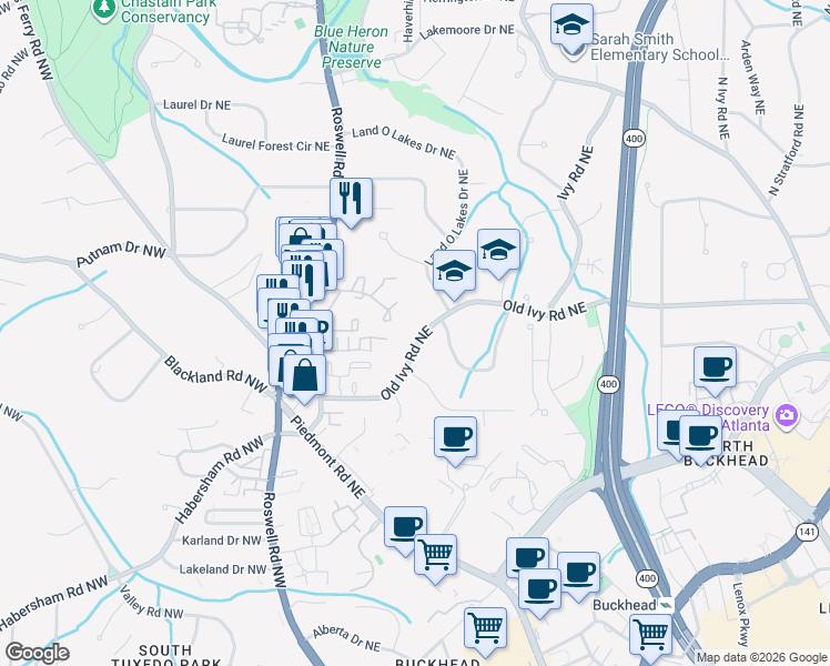 map of restaurants, bars, coffee shops, grocery stores, and more near 310 Old Ivy Road Northeast in Atlanta