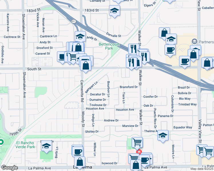 map of restaurants, bars, coffee shops, grocery stores, and more near 7301 Bourbon Lane in La Palma