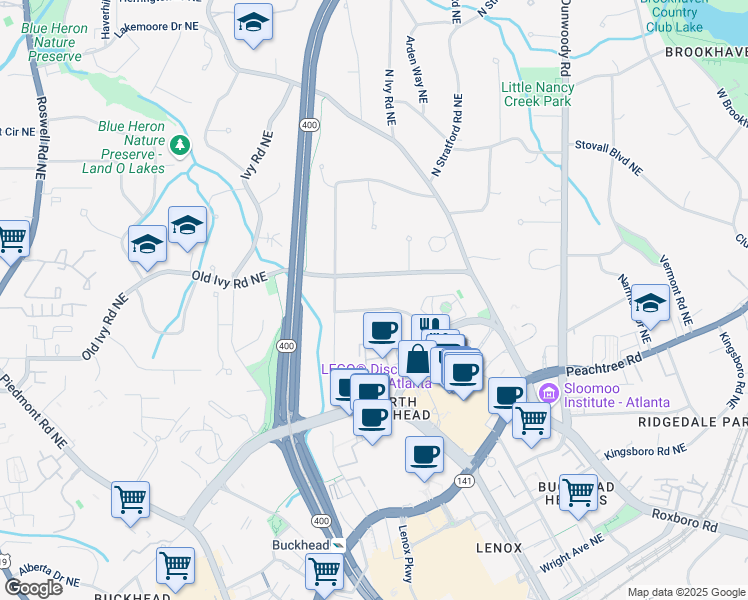map of restaurants, bars, coffee shops, grocery stores, and more near 654 Longleaf Drive Northeast in Atlanta