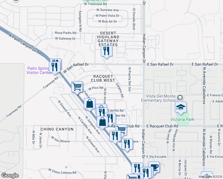 map of restaurants, bars, coffee shops, grocery stores, and more near 355 West Pico Road in Palm Springs