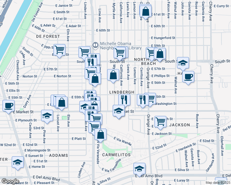 map of restaurants, bars, coffee shops, grocery stores, and more near 5508 Myrtle Avenue in Long Beach