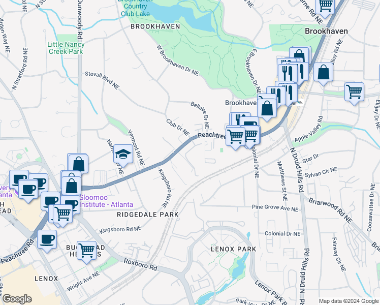 map of restaurants, bars, coffee shops, grocery stores, and more near 3777 Peachtree Road Northeast in Atlanta