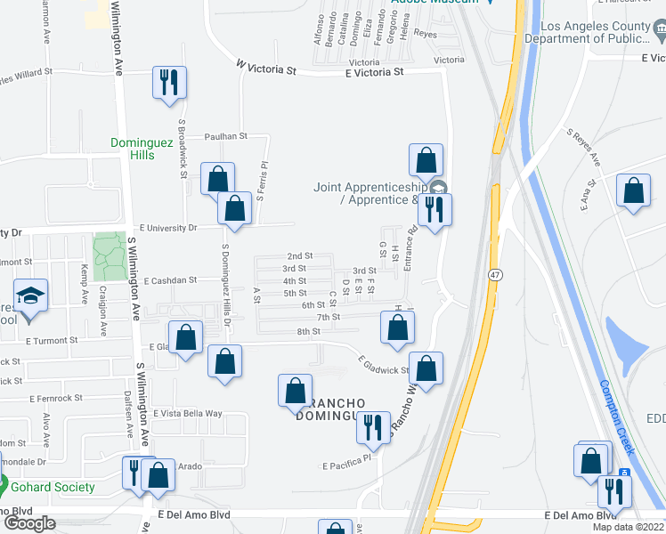 map of restaurants, bars, coffee shops, grocery stores, and more near 3rd Street in Compton