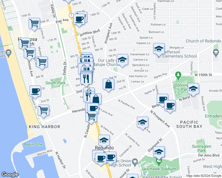 map of restaurants, bars, coffee shops, grocery stores, and more near 1003 1st St in Hermosa Beach