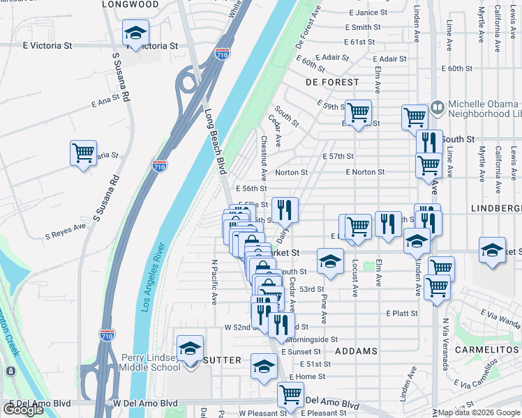 map of restaurants, bars, coffee shops, grocery stores, and more near 88 East Ellis Street in Long Beach