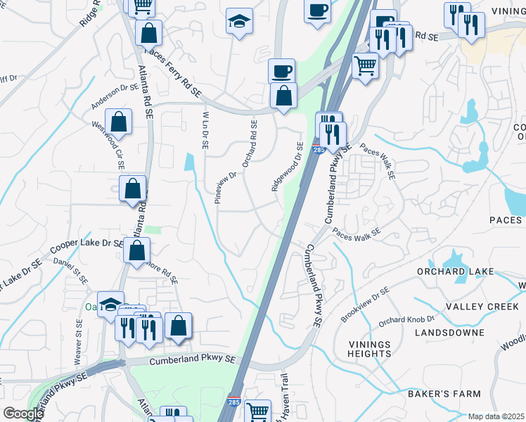 map of restaurants, bars, coffee shops, grocery stores, and more near 3977 Orchard Rd SE in Smyrna