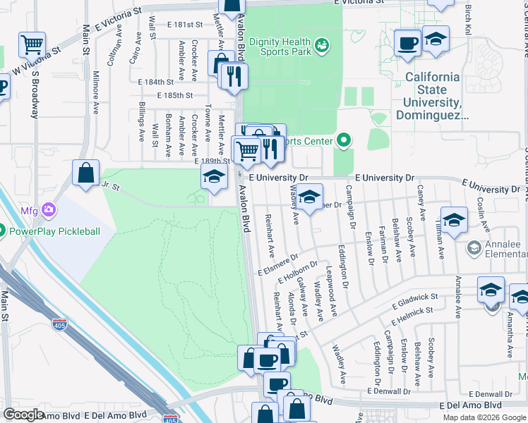 map of restaurants, bars, coffee shops, grocery stores, and more near 19209 Reinhart Avenue in Carson