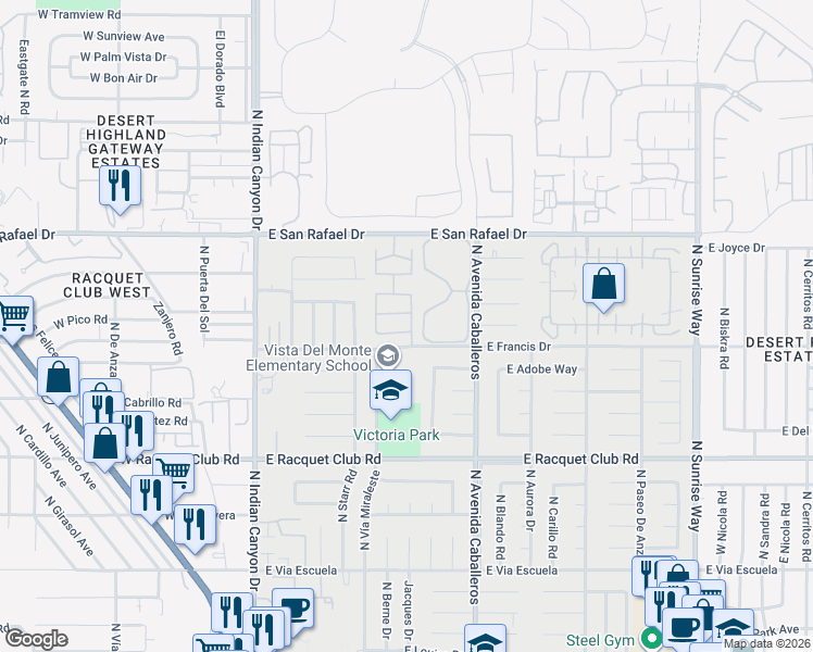 map of restaurants, bars, coffee shops, grocery stores, and more near 682 Daisy Street in Palm Springs
