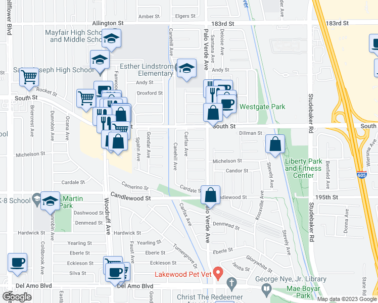 map of restaurants, bars, coffee shops, grocery stores, and more near 5444 Carfax Avenue in Lakewood
