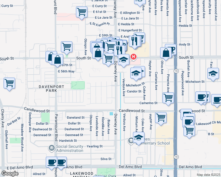 map of restaurants, bars, coffee shops, grocery stores, and more near 5539 Samantha Avenue in Lakewood