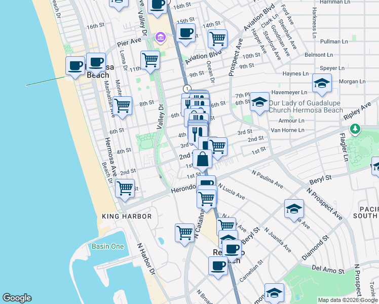 map of restaurants, bars, coffee shops, grocery stores, and more near 705 2nd Street in Hermosa Beach