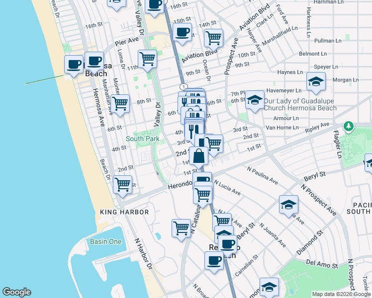 map of restaurants, bars, coffee shops, grocery stores, and more near 2 2nd Street in Hermosa Beach